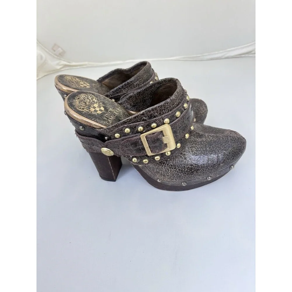 Vince Camuto Christies Clogs Shoes Brown Distressed Leather Slip On Women's 7.5